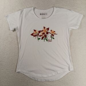 Stio Shirt Womens XL White Shirt Sleeve Crew Neck Floral Graphic Outdoor NWOT